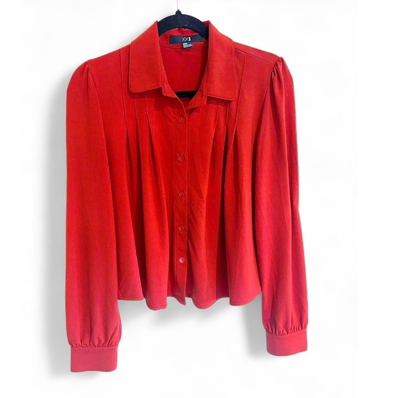Forever 21 Size Medium Red Orange Puff Sleeve Button Front Collared Top - Picture 1 of 8